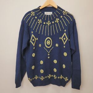 Celina Yang Sweater Womens Large Navy Blue Gold Beaded Ramie Cotton NWT‎